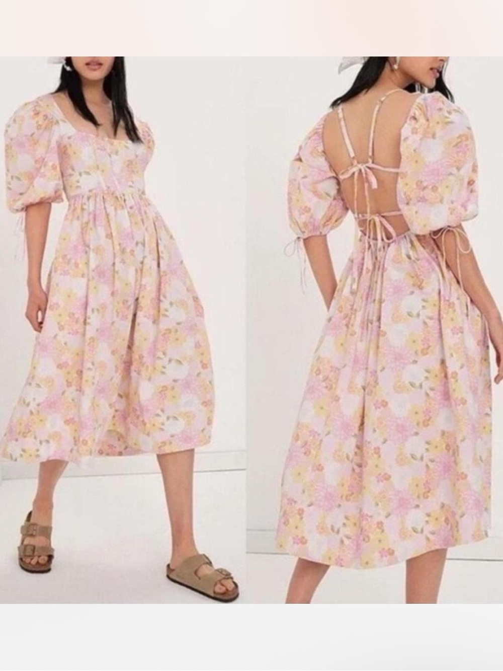 NWT For Love & Lemons Pastel Pink Floral Puff-Sleeve Midi Dress